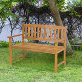 Banco de patio de madera de acacia para 2 personas con respaldo y reposabrazos
