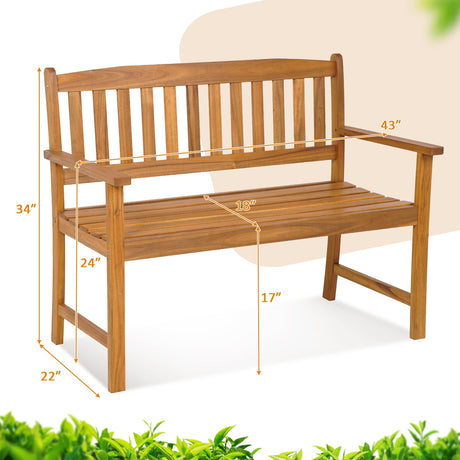 Banco de patio de madera de acacia para 2 personas con respaldo y reposabrazos