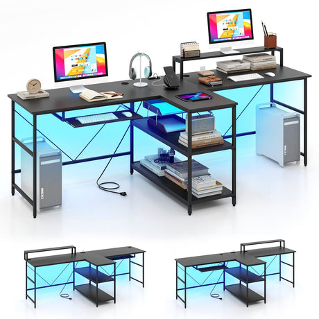 Escritorio de oficina largo reversible para 2 personas con luces LED