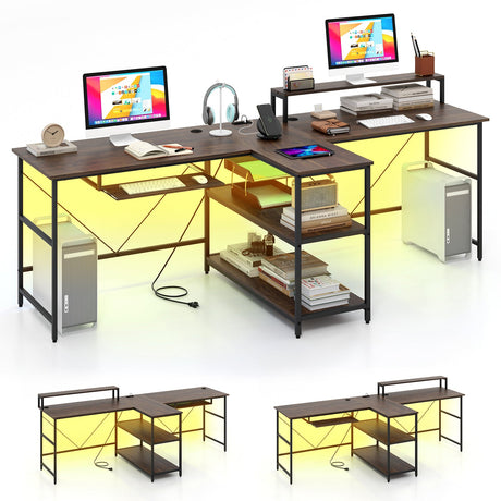Escritorio de oficina largo reversible para 2 personas con luces LED