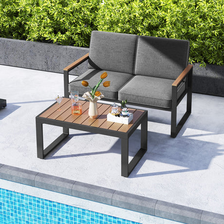 Juego de muebles de patio de aluminio de 2 piezas con reposabrazos y tablero de mesa de madera-plástico - Gris