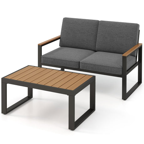 Juego de muebles de patio de aluminio de 2 piezas con reposabrazos y tablero de mesa de madera-plástico - Gris