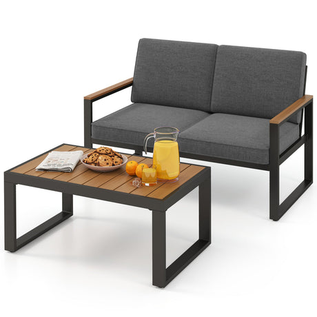 Juego de muebles de patio de aluminio de 2 piezas con reposabrazos y tablero de mesa de madera-plástico - Gris