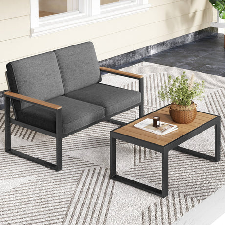 Juego de muebles de patio de aluminio de 2 piezas con reposabrazos y tablero de mesa de madera-plástico - Gris