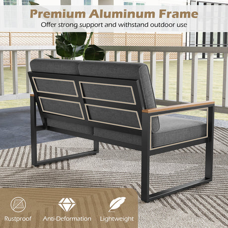 Juego de muebles de patio de aluminio de 2 piezas con reposabrazos y tablero de mesa de madera-plástico - Gris