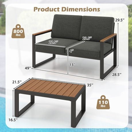 Juego de muebles de patio de aluminio de 2 piezas con reposabrazos y tablero de mesa de madera-plástico - Gris