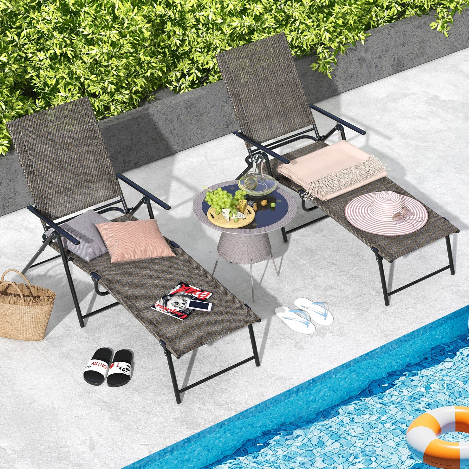 Tumbonas Plegables para Patio de 2 Piezas con Respaldo Reclinable de 6 Niveles