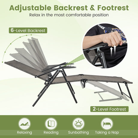 Tumbonas Plegables para Patio de 2 Piezas con Respaldo Reclinable de 6 Niveles