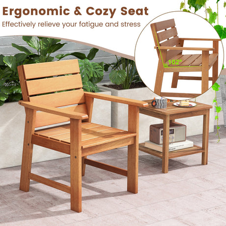 Silla de patio de madera dura de 2 piezas con asiento de listones y respaldo inclinado