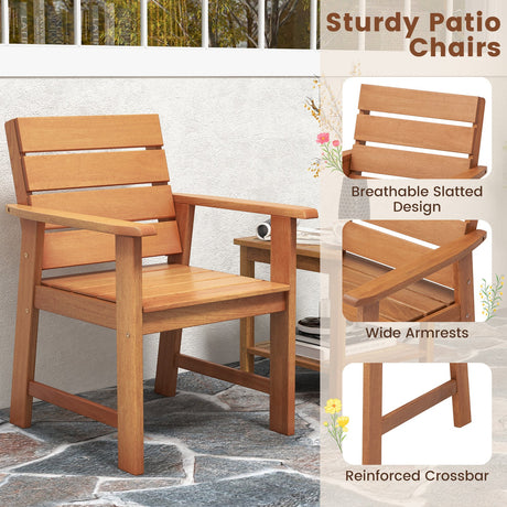 Silla de patio de madera dura de 2 piezas con asiento de listones y respaldo inclinado