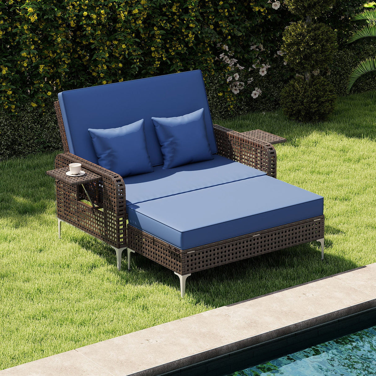 2 Piece Patio Rattan Daybed Wicker Loveseat and Ottoman with Adjustable Backrest