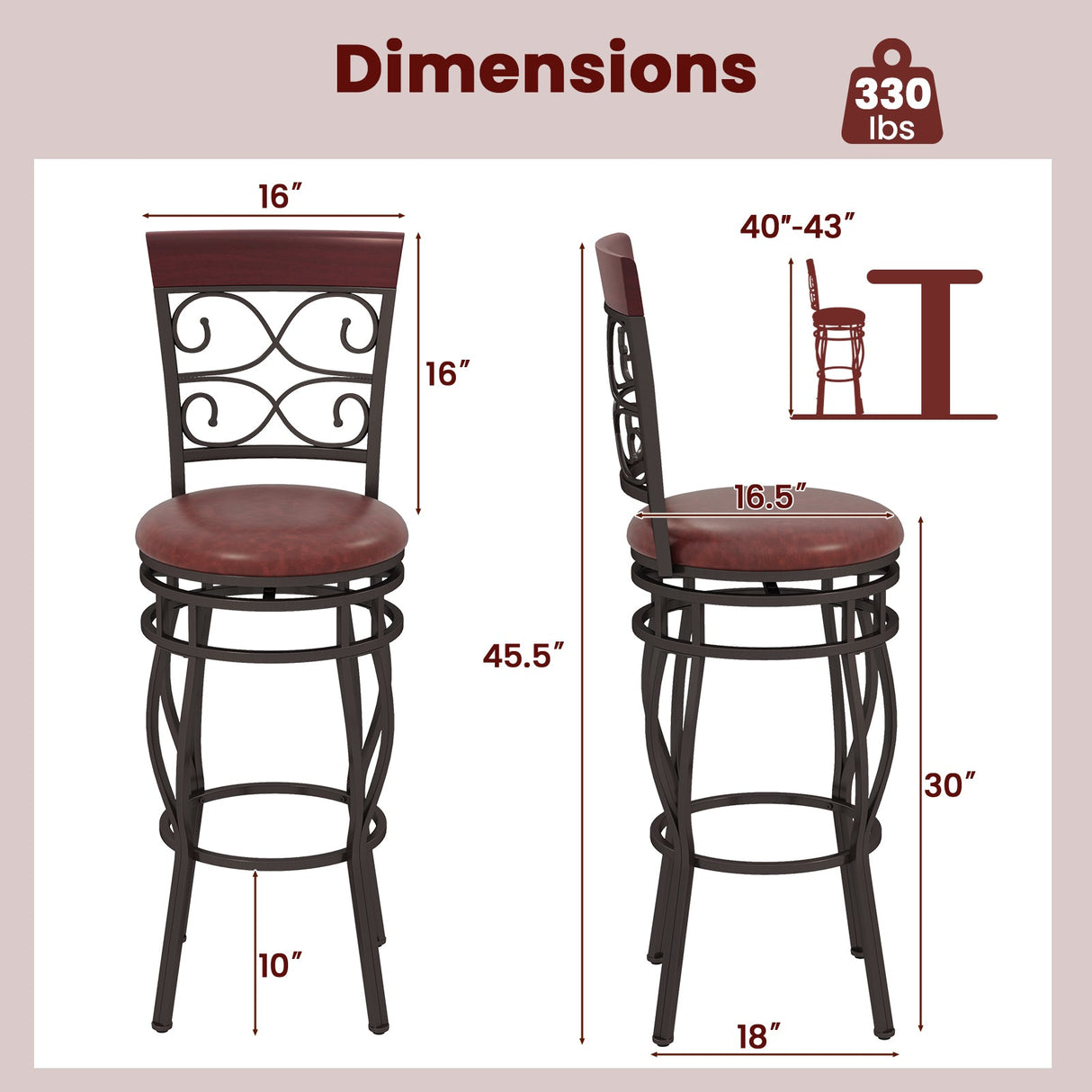 Juego de 2 taburetes de bar de 76,2 cm con respaldo y reposapiés