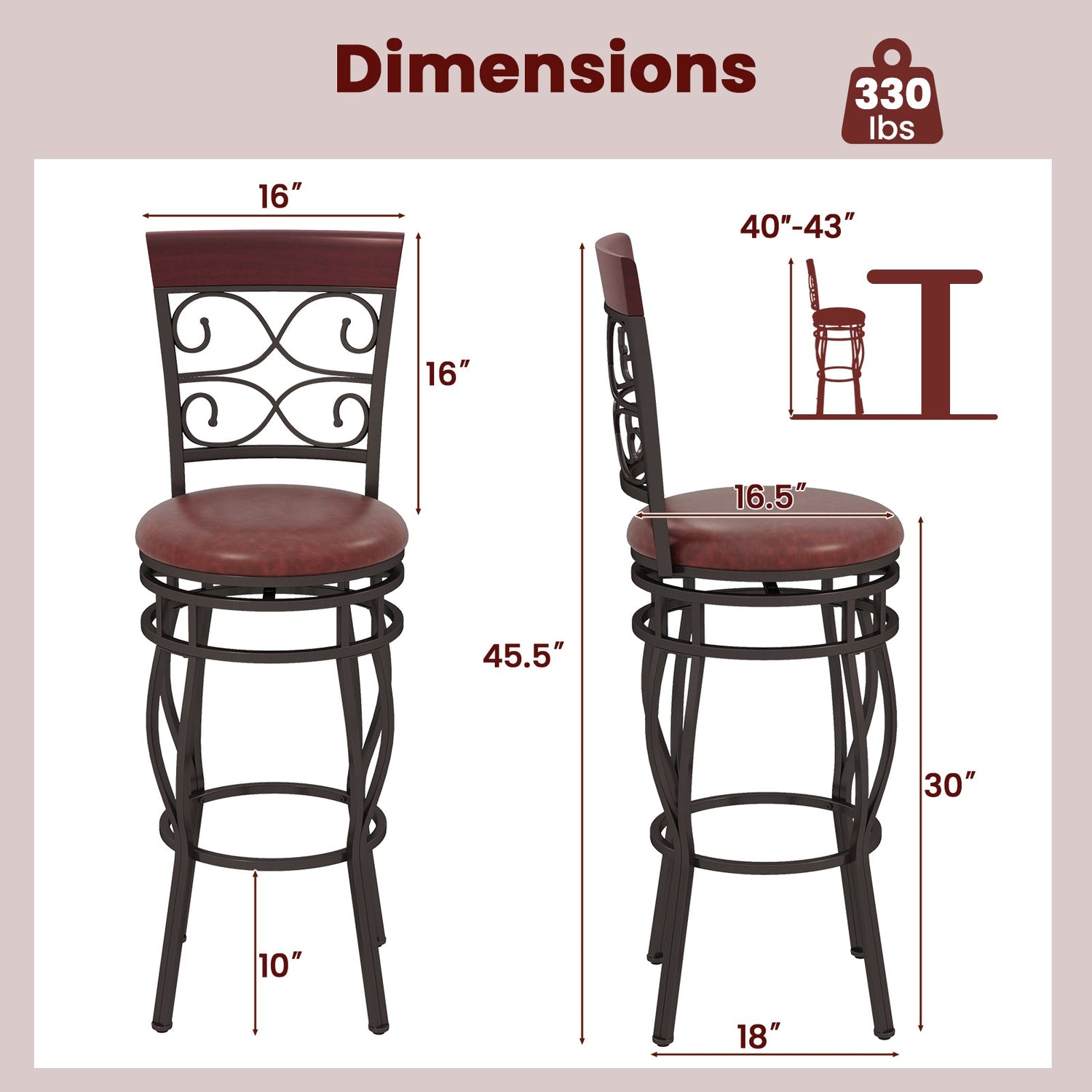 Juego de 2 taburetes de bar de 76,2 cm con respaldo y reposapiés