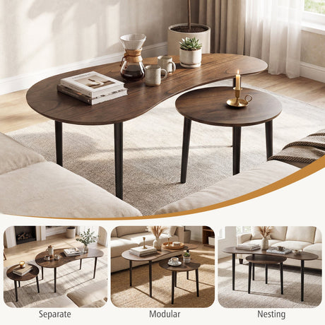 2 Pieces Mid Century Nesting Tables with Rubber Wood Legs-Walnut