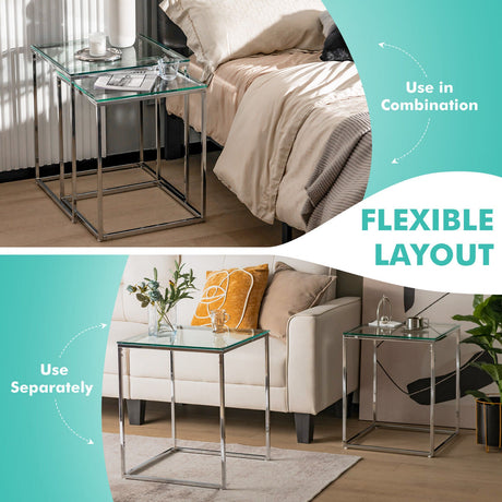 2 Pieces Modern Nesting Coffee Table with Tempered Glass Top and Steel Frame-Sliver