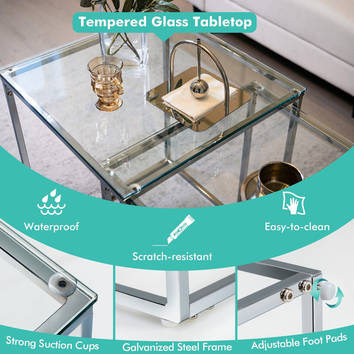 2 Pieces Modern Nesting Coffee Table with Tempered Glass Top and Steel Frame-Sliver