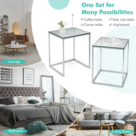 2 Pieces Modern Nesting Coffee Table with Tempered Glass Top and Steel Frame-Sliver