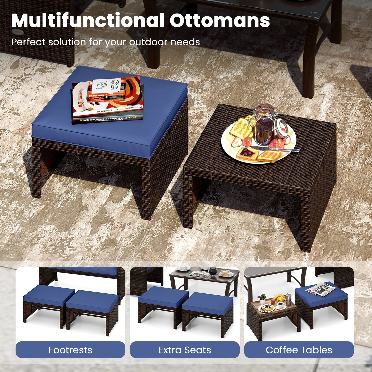 Otomana/Puf Multiusos de Exterior de Ratan PE de 2 Piezas para Patio