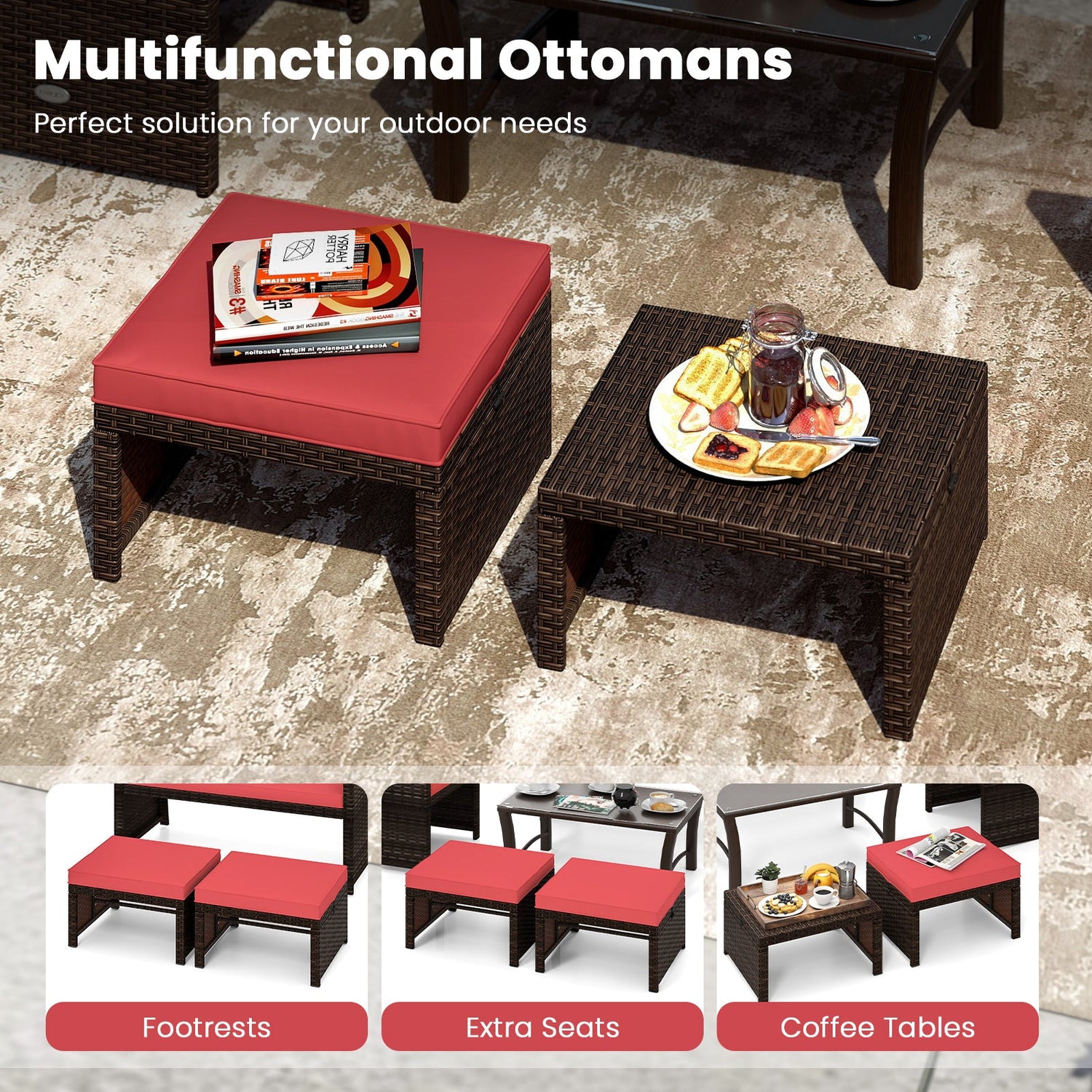 Otomana/Puf Multiusos de Exterior de Ratan PE de 2 Piezas para Patio