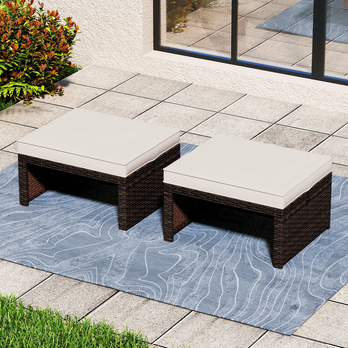 Otomana/Puf Multiusos de Exterior de Ratan PE de 2 Piezas para Patio
