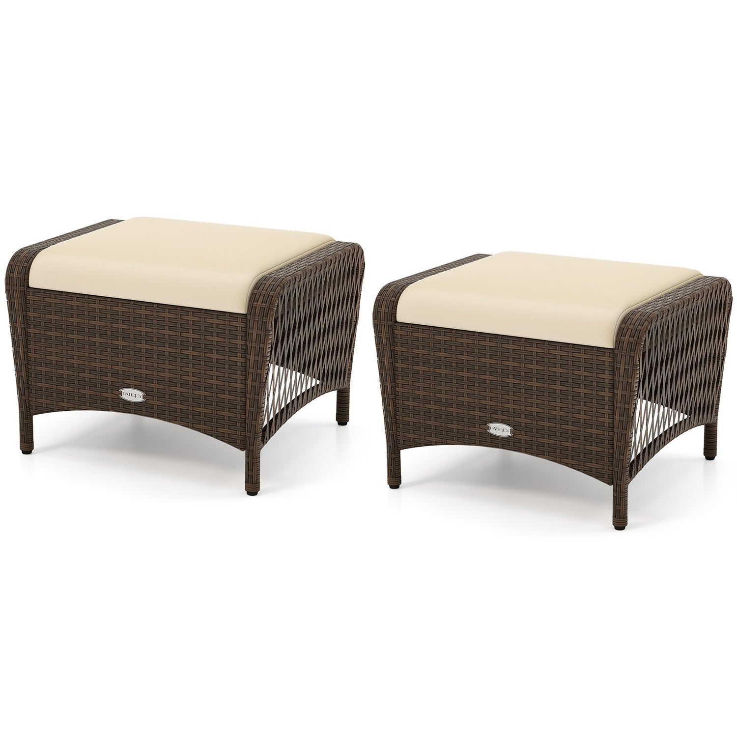 Set of 2 Outdoor Patio PE Wicker Ottomans with Removable Cushions