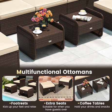 2 otomanas de mimbre de PE para patio exterior con cojines extraíbles