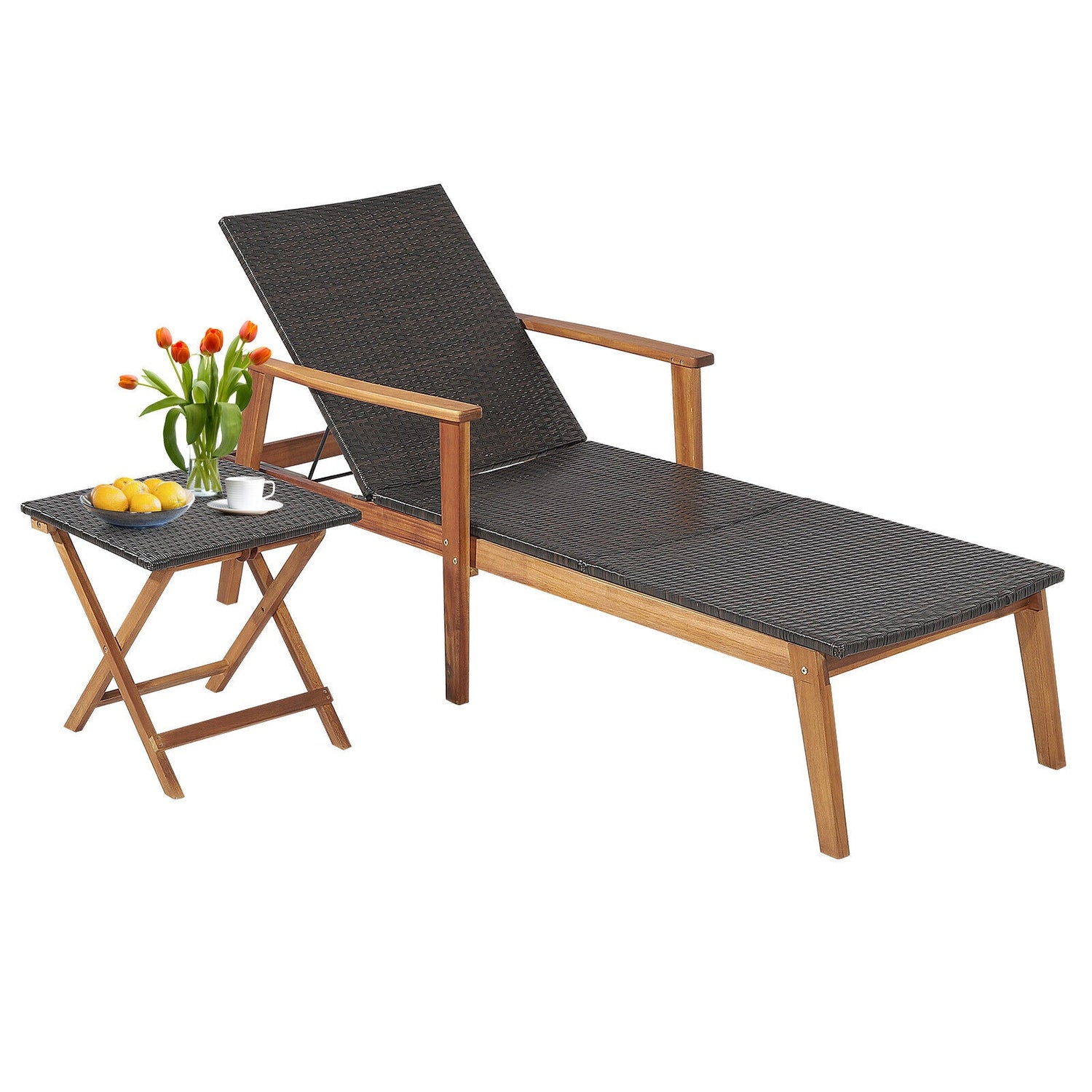 Juego de tumbona de patio y mesa con respaldo ajustable de 4 niveles