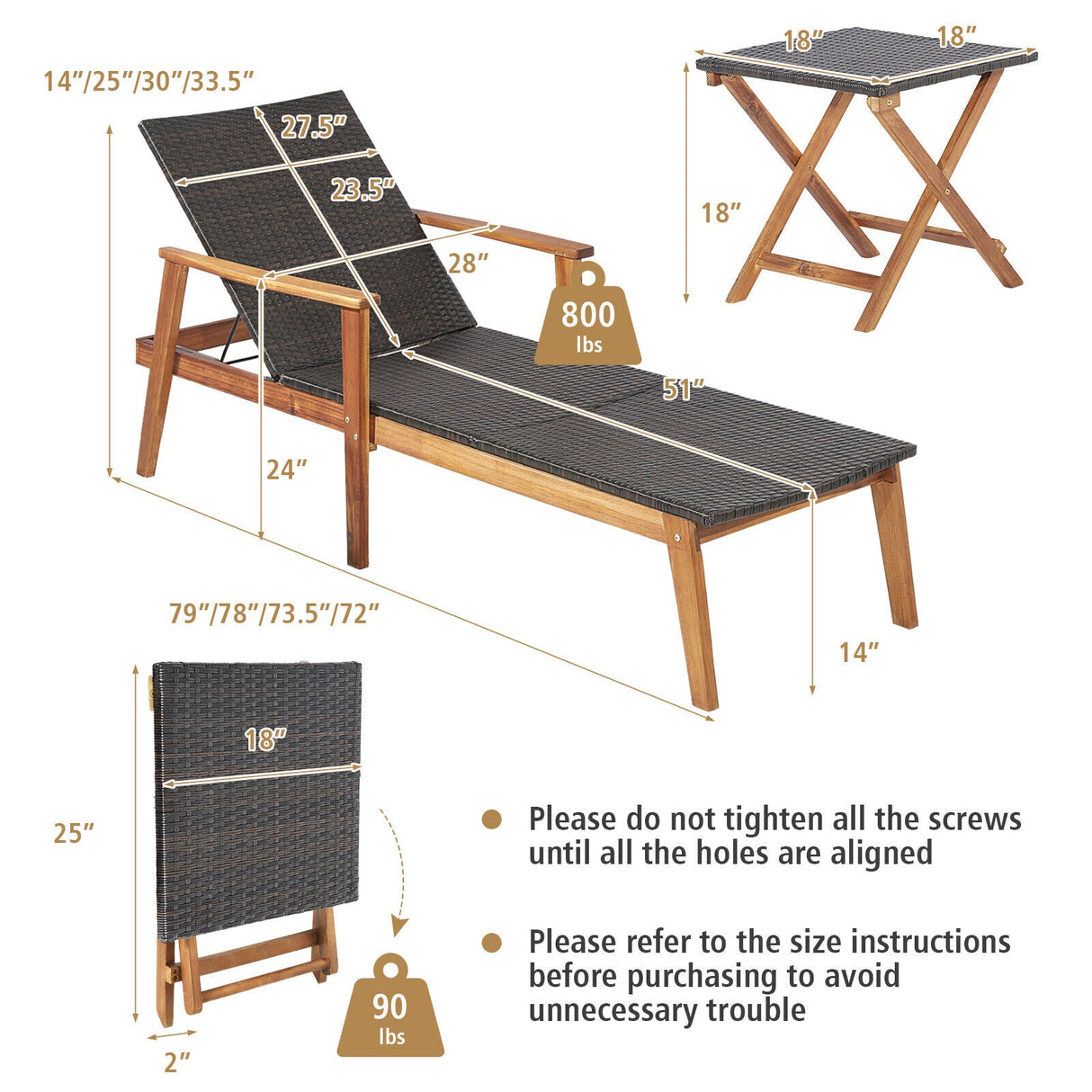 Juego de tumbona de patio y mesa con respaldo ajustable de 4 niveles