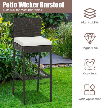 2 taburetes de bar de mimbre acolchados para patio con reposapiés cómodo