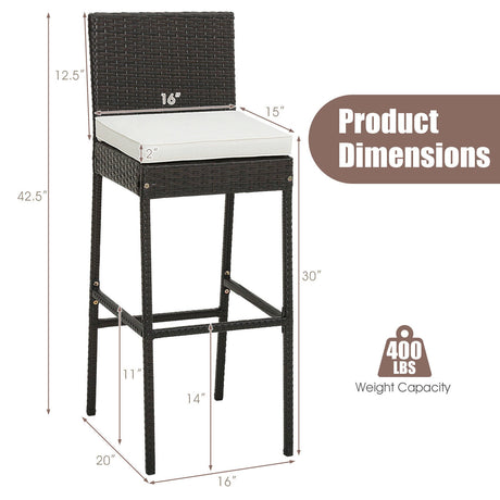 2 taburetes de bar de mimbre acolchados para patio con reposapiés cómodo