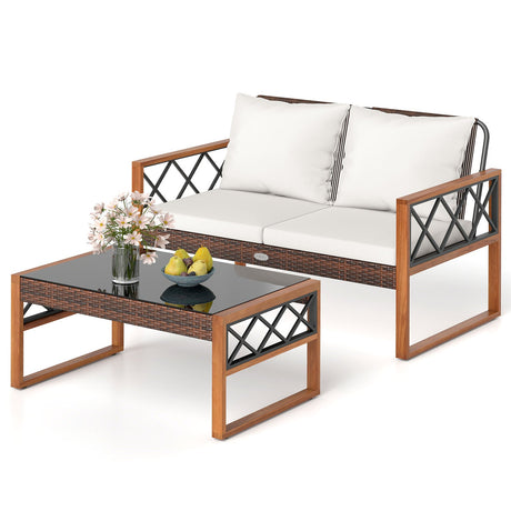Juego de muebles de mimbre de PE para patio de 2 piezas, juego de conversación para exteriores para porche - Blanco