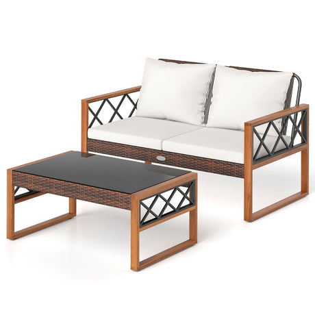 Juego de muebles de mimbre de PE para patio de 2 piezas, juego de conversación para exteriores para porche - Blanco