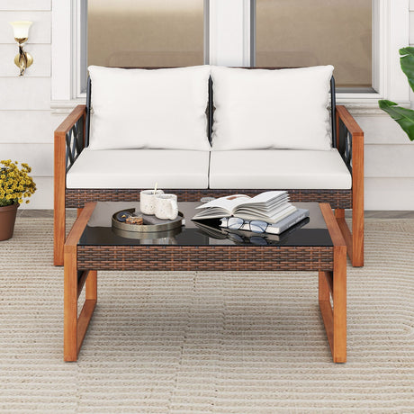 Juego de muebles de mimbre de PE para patio de 2 piezas, juego de conversación para exteriores para porche - Blanco