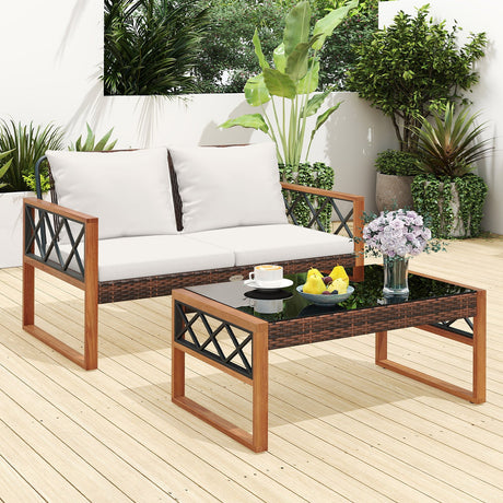 Juego de muebles de mimbre de PE para patio de 2 piezas, juego de conversación para exteriores para porche - Blanco