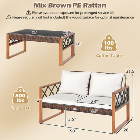 Juego de muebles de mimbre de PE para patio de 2 piezas, juego de conversación para exteriores para porche - Blanco