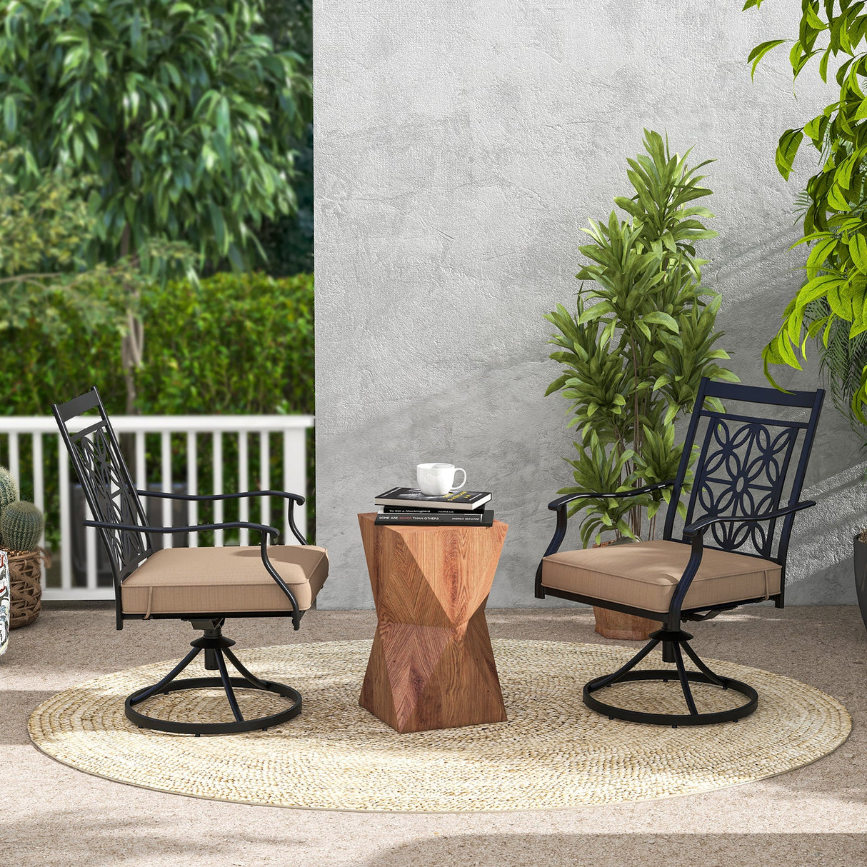 2 sillas giratorias de patio con respaldo y cojines con diseño de flores, color negro