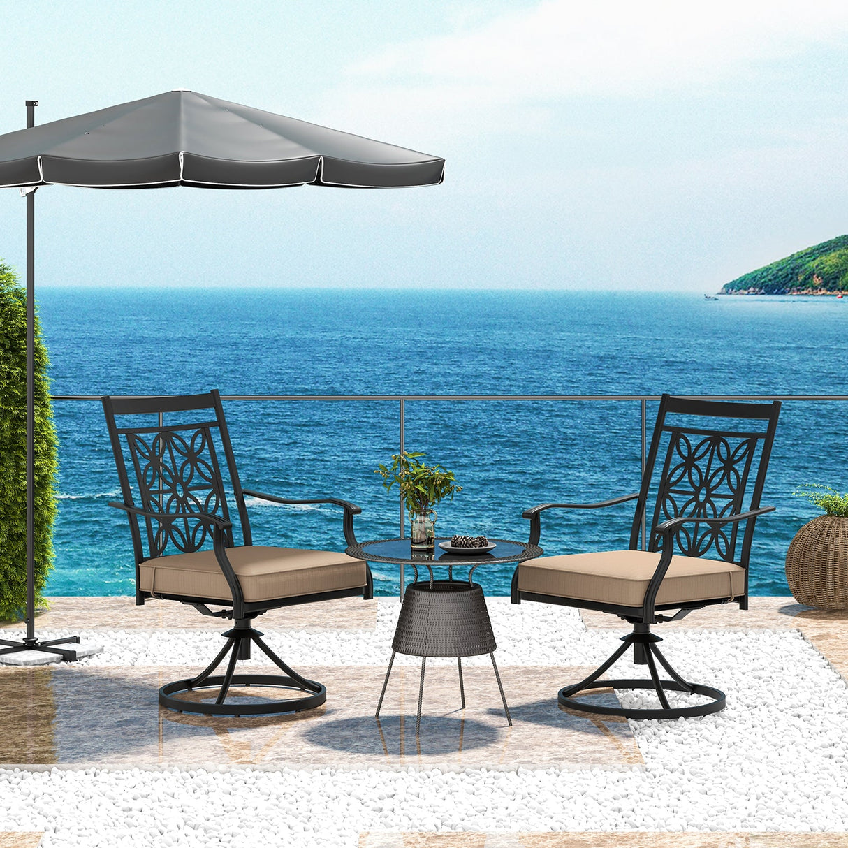 2 sillas giratorias de patio con respaldo y cojines con diseño de flores, color negro