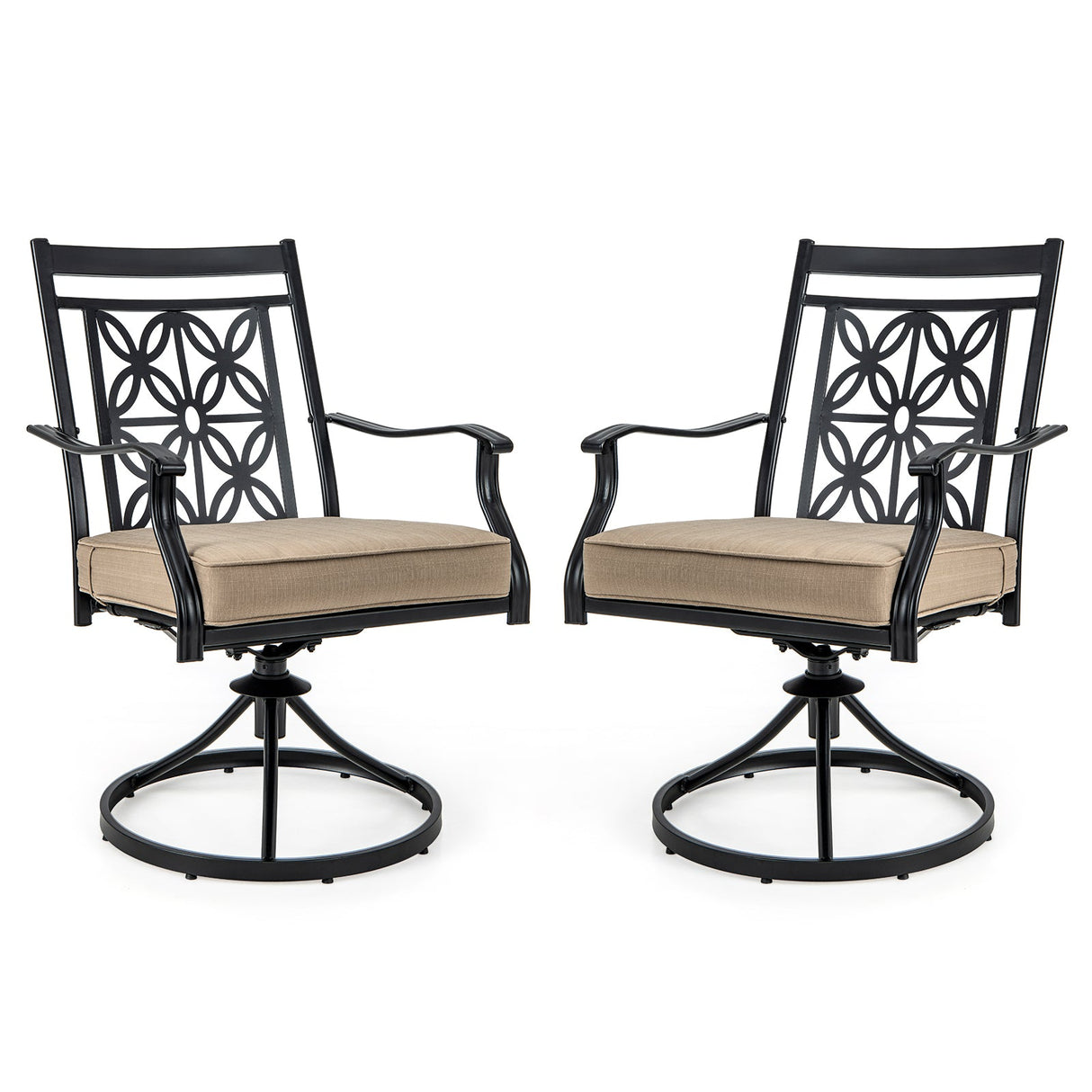2 sillas giratorias de patio con respaldo y cojines con diseño de flores, color negro