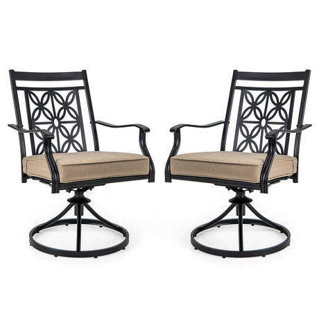 2 sillas giratorias de patio con respaldo y cojines con diseño de flores, color negro