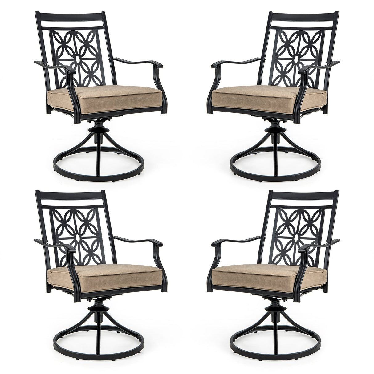 2 sillas giratorias de patio con respaldo y cojines con diseño de flores, color negro