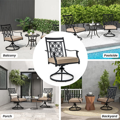 2 sillas giratorias de patio con respaldo y cojines con diseño de flores, color negro