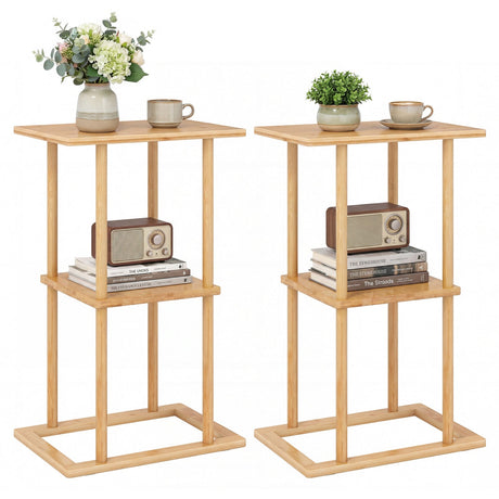 Mesa auxiliar de 2 piezas con estantes de almacenamiento y construcción de bambú - Natural
