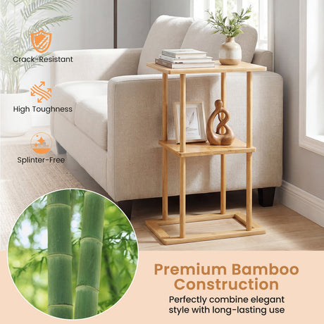 Mesa auxiliar de 2 piezas con estantes de almacenamiento y construcción de bambú - Natural
