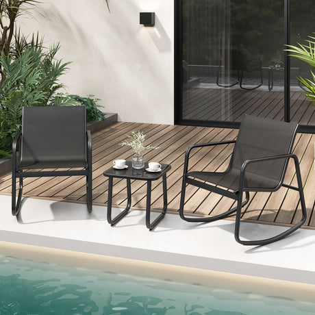 2 sillas de bistró balancín y mesa con cubierta de vidrio para porche, patio o balcón - Negro