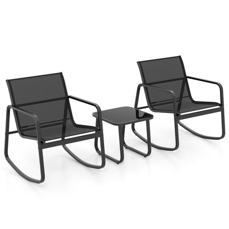 2 sillas de bistró balancín y mesa con cubierta de vidrio para porche, patio o balcón - Negro