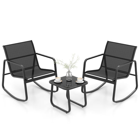 2 sillas de bistró balancín y mesa con cubierta de vidrio para porche, patio o balcón - Negro