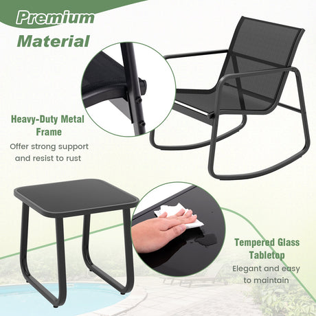 2 sillas de bistró balancín y mesa con cubierta de vidrio para porche, patio o balcón - Negro