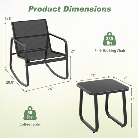 2 sillas de bistró balancín y mesa con cubierta de vidrio para porche, patio o balcón - Negro
