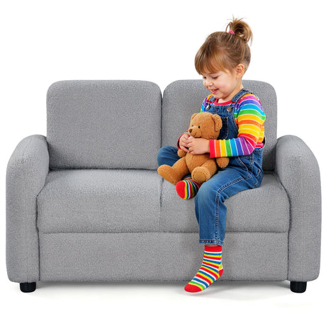 Sofá infantil de 2 plazas, sofá para niños pequeños con tapicería de vellón de borreguillo suave y estructura de madera maciza