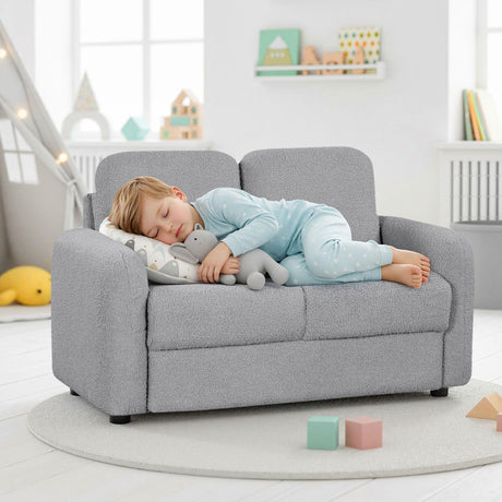 Sofá infantil de 2 plazas, sofá para niños pequeños con tapicería de vellón de borreguillo suave y estructura de madera maciza